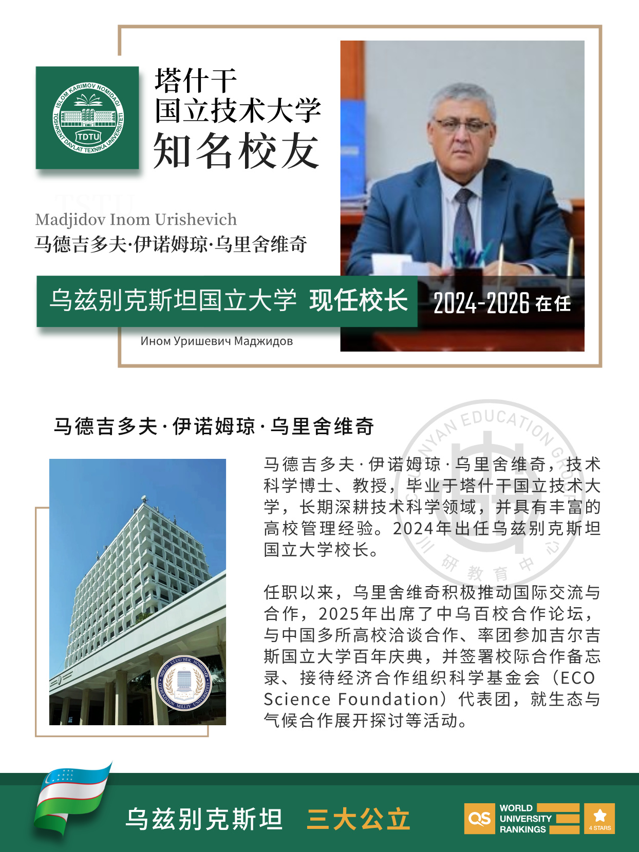 乌兹别克斯坦国立大学校长毕业于塔什干国立技术大学