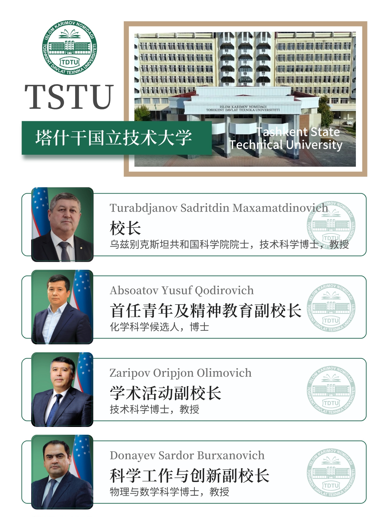 乌兹别克斯坦塔什干国立技术大学完整校领导阵容一览